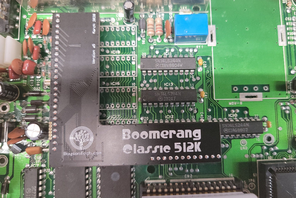 BoysonTech Boomerang Classic 512K RAM board installed on a Tandy Color Computer 3 going thru a final quality control test