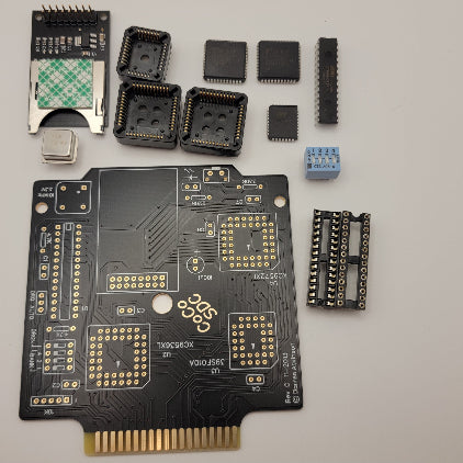 Electronic components including a circuit board, chips, and connectors on a gray background