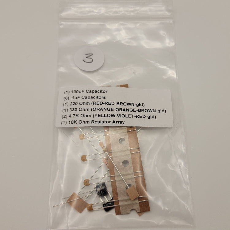 CoCo SDC DIY kit caps and  resistors. Shown in plastic bag.