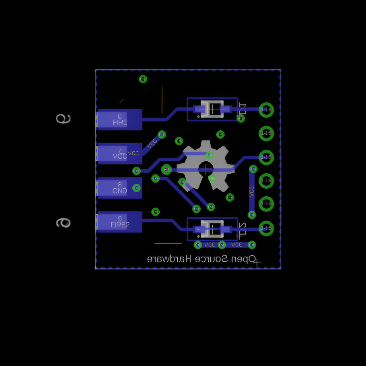 Paragon Joystick Adapter board back view. This is a Autodesk Eagle rendering of the PCB back view of the Paragon Joystick Adapter.