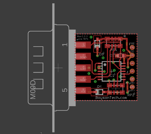 Paragon Joystick Adapter board front view. This is a Autodesk Eagle rendering of the PCB front view of the Paragon Joystick Adapter.